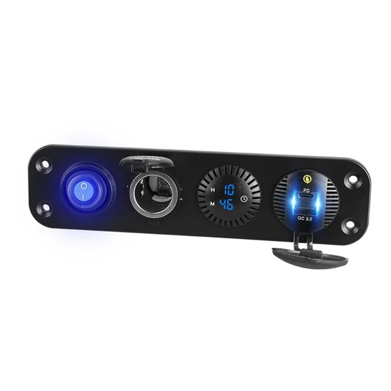 

Car QC3.0 USB Type C PD Fast Charger LED Clock 12V Power Outlet ON-Off Switch Panel for Car Boat Marine RV SUV