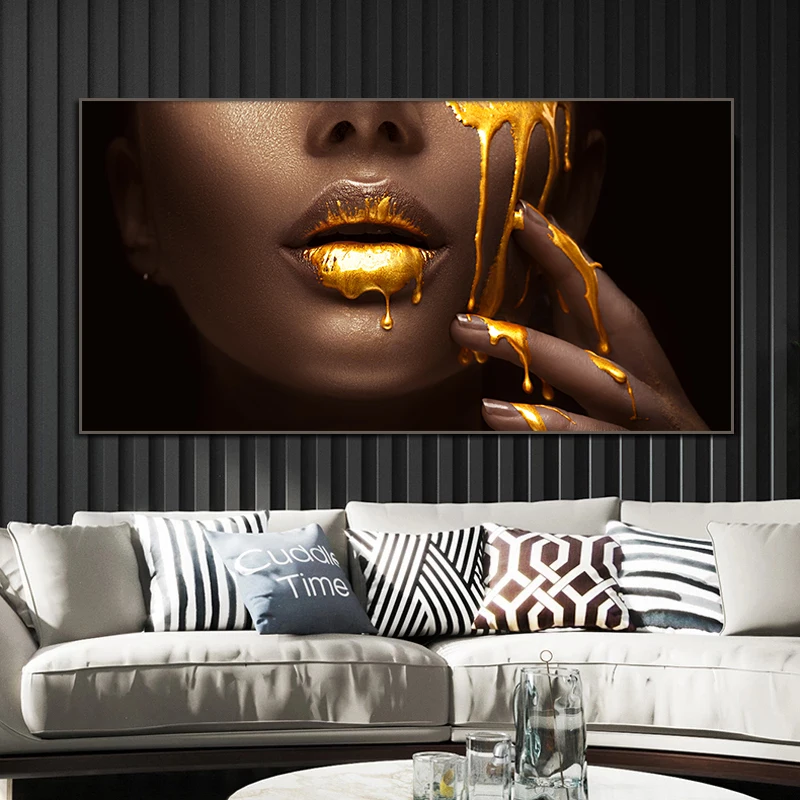 

African Woman Face Canvas Painting on The Wall Art Golden Sexy Lips Liquid Printed Poster Scandinavian Picture Living Room Decor