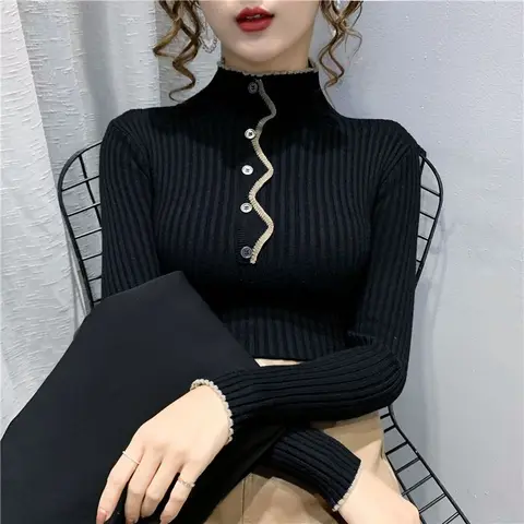 Осень/Зима 2021 Новинка вязаные топы корейская мода утепленный женский свитер с воротником средней высоты