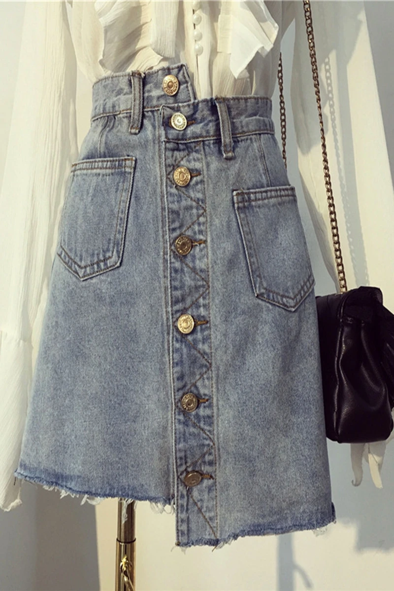 

Plus Size S-5XL Summer Denim Skirt Women Fashion 2020 Pocket Button High Waist Big Sun School Mini Jeans Skirt Female