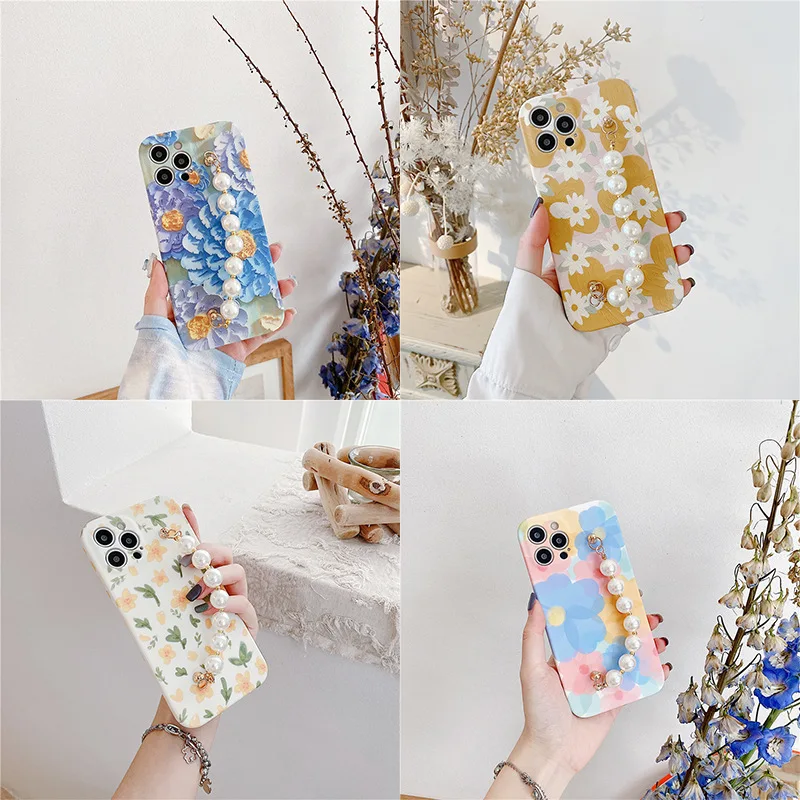 

Oil Painting Painted Flower Pearl Chain Handheld Mobile Phone Case For IPhone 12 11 Pro Max X XS XR 7 8 Plus IPhone Case