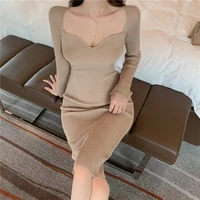 2021 springsummer fashion sexy v neck knited dress womens long slim fit long sleeve below the knee dress korean fashion style