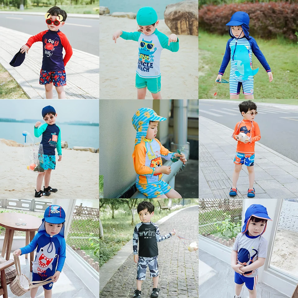 UPF50+ Swimsuit Kids Cartoon Shark Dinosaur Toddler Baby Boy Bathing Suit Long Sleeve Children's Swimwear 2-9 Years Swim Clothes