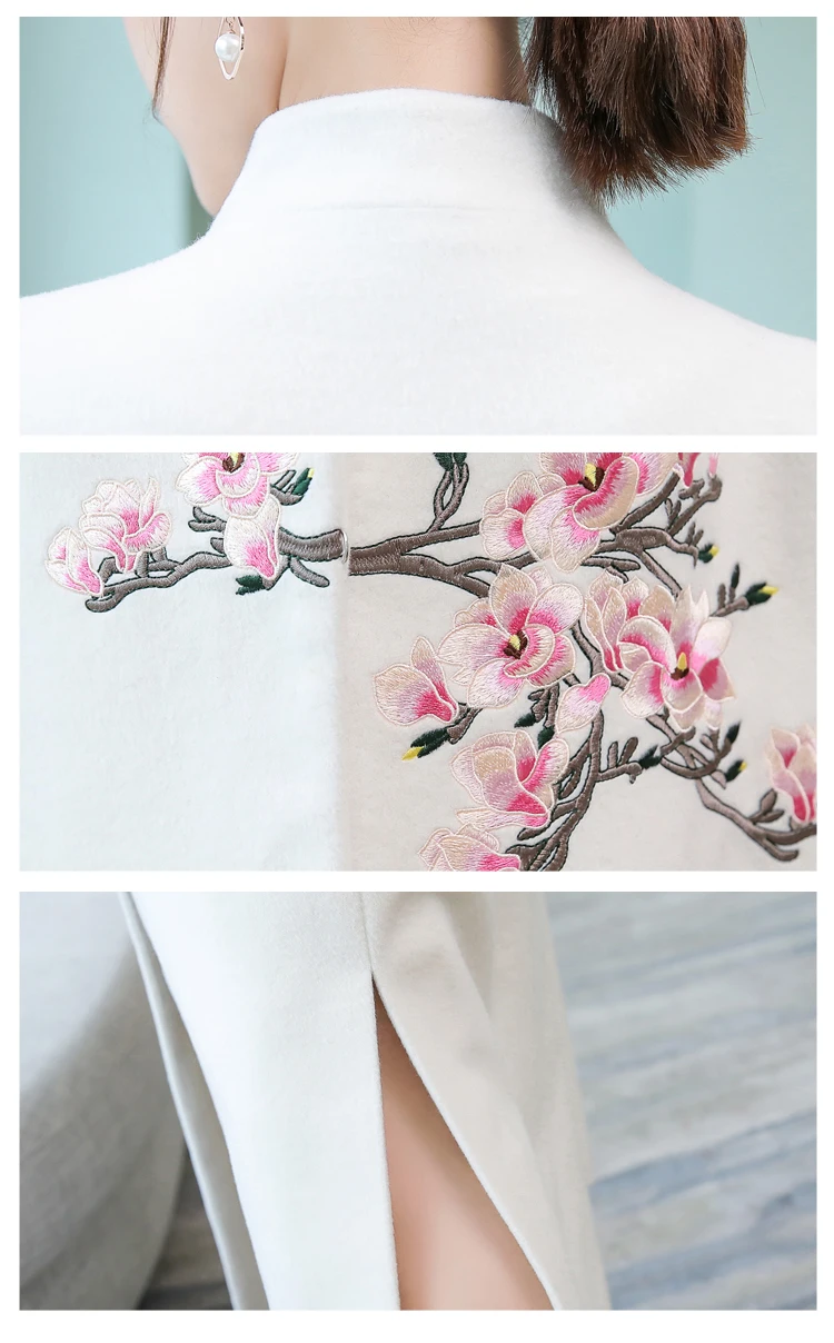 

2020 New Autumn Winter Women's Chinese Retro Stand Collar Embroidery Wool Jacket Beige Long Woolen Trench Coats V1101