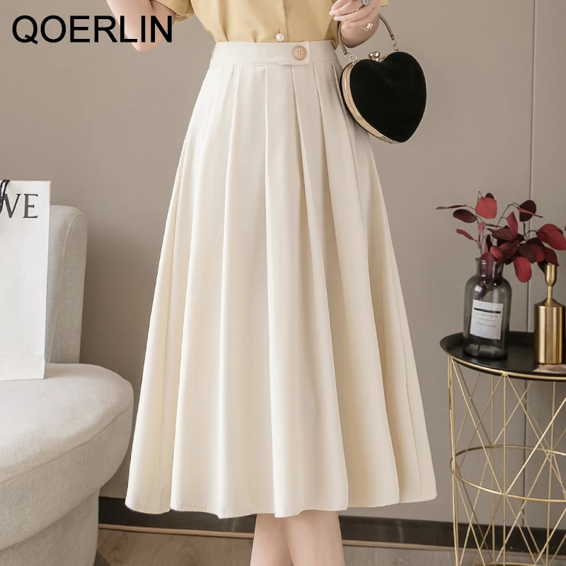 

QOERLIN High Elastic Waist Skirts Women Pleated Skirts Plus Size Knee Length A-Line Zipper Apricot Black Saia Korean Fashion