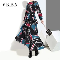 vkbn news irregular dresses women 2021 cascading ruffle belt geometric printing spring autumn elegant vestidos de fiesta