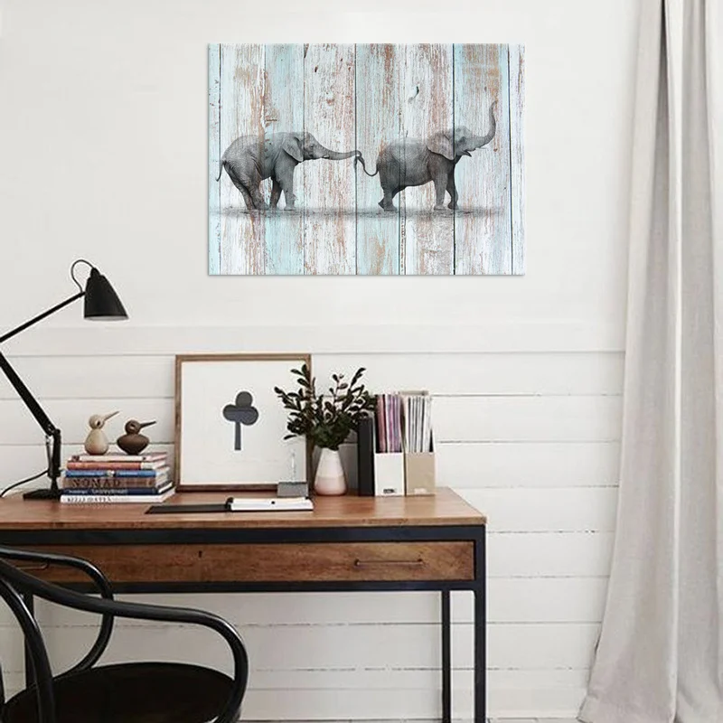 

Animal Canvas Painting Two Elephant Baby Wall Art Poster 1 Piece Wood Background HD Print Modern Home Decor Picture