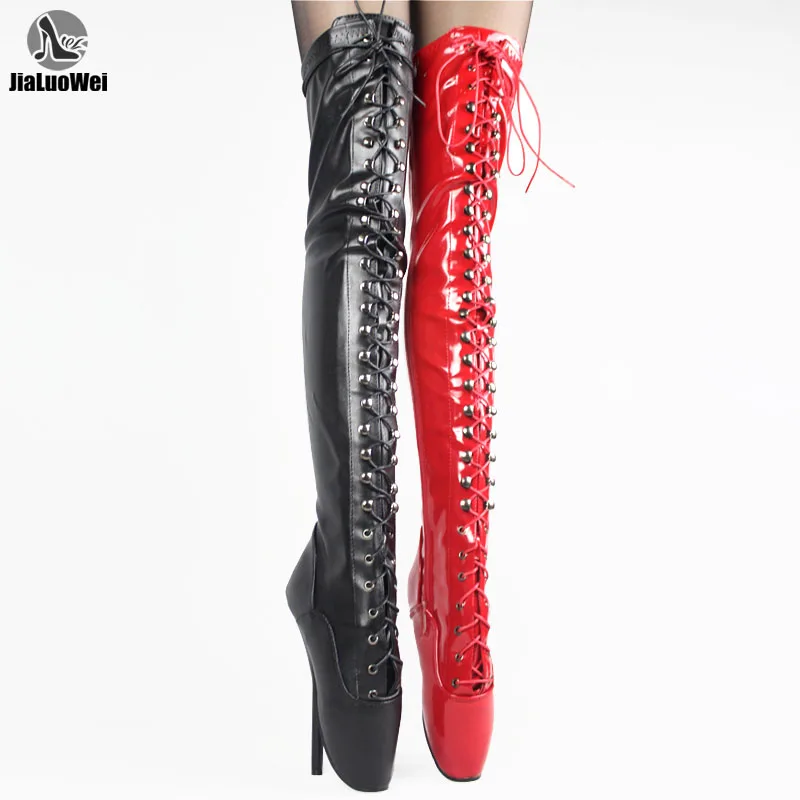 jialuowei Extreme Fetish 18cm/7" high heel Gothic Punk Drag Queen Cross-tied over knee Thigh long ballet boots Plus size 36-46