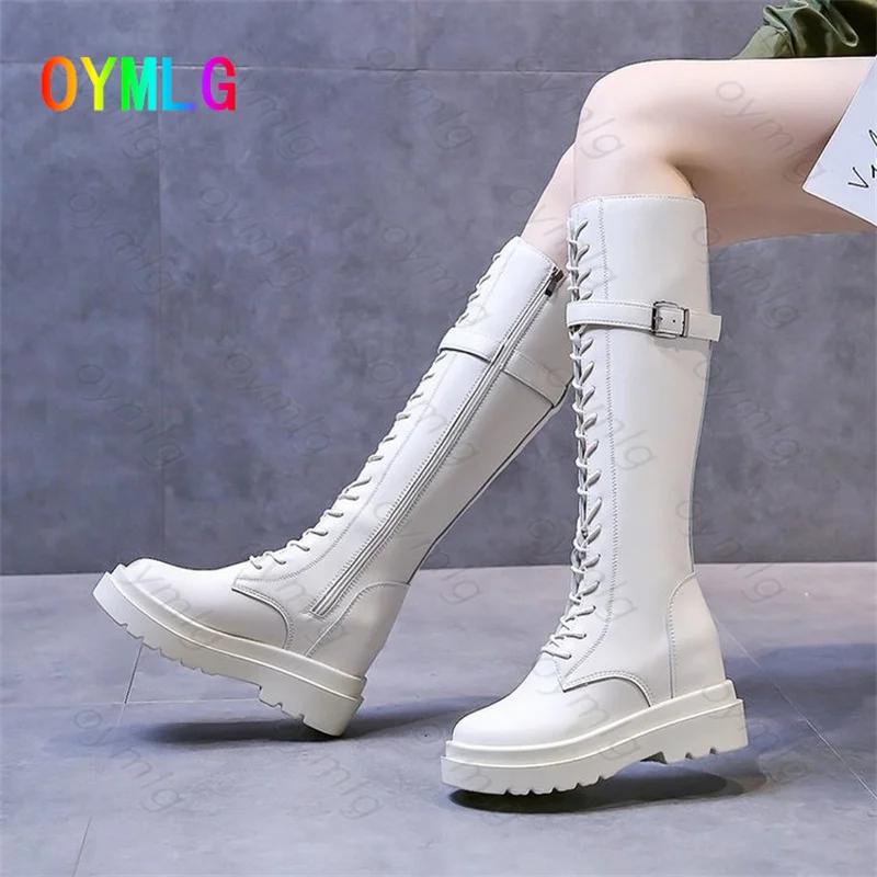 

High boots female Martin boots knight 2021autumn winter new leather boots black and white but knee soft leather motorcycle boots