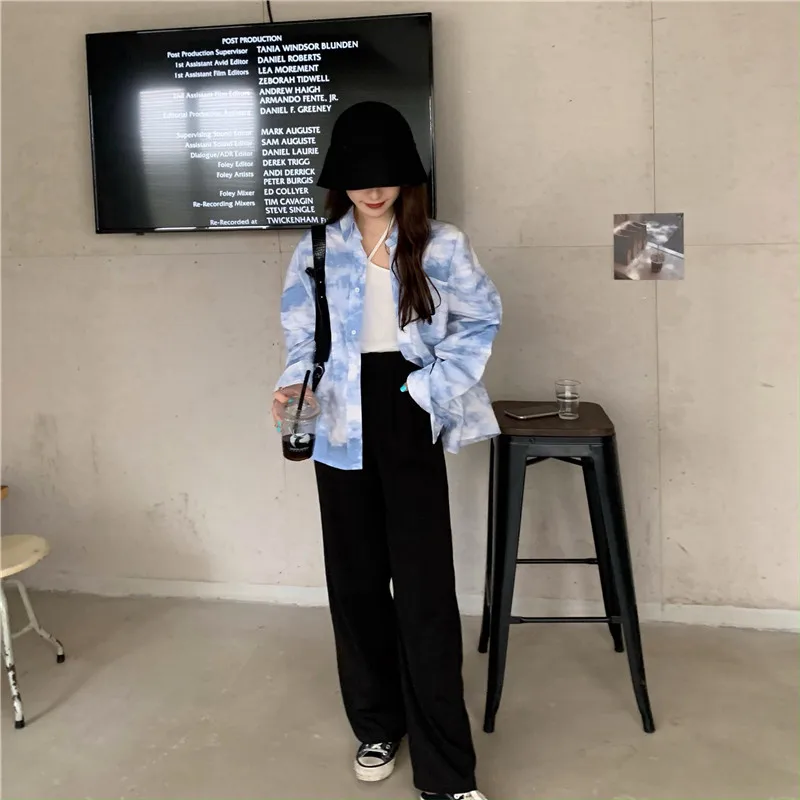 

2020 New Arrivals Early Autumn Tie Dye Blouse Shirt Korean Chic BF Single Breasted Long-sleeved Loose Bluas Outwear