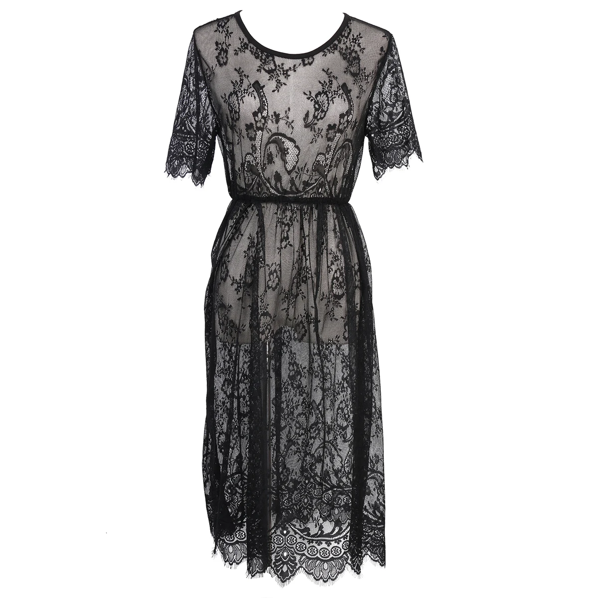 

Women’s Summer Bikini Smocks Sexy Solid Color Lace Perspective Backless Mid-length Beach Dress