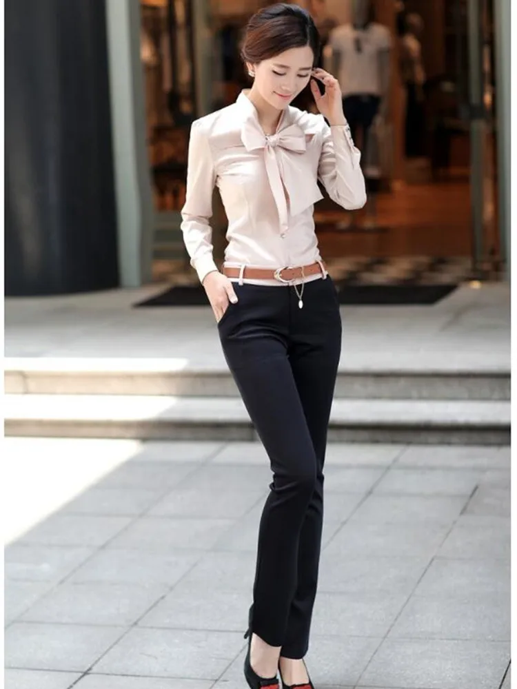 Женская блузка с длинным рукавом приталенная элегантная офисная рубашка белого