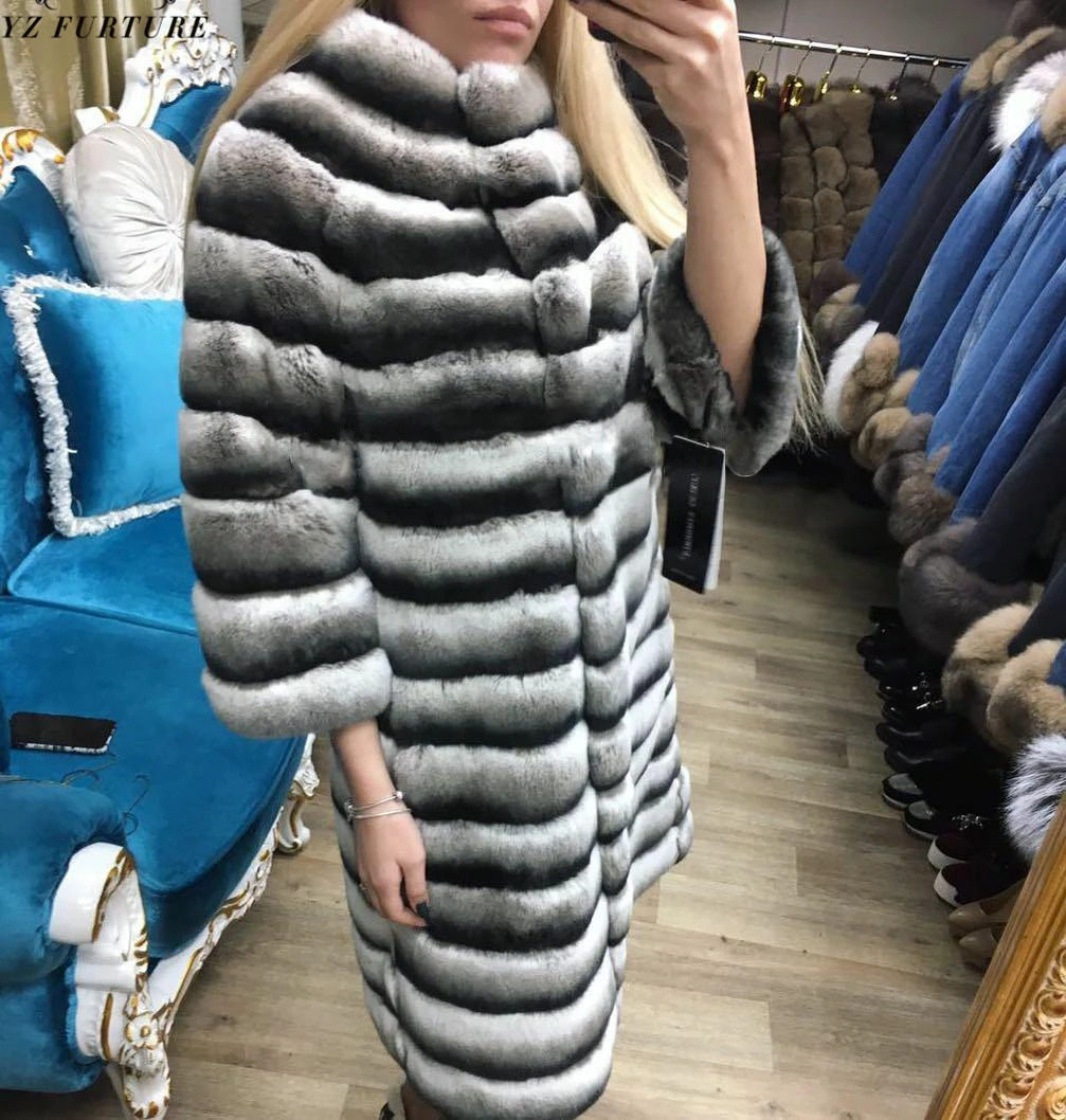 Кожа настоящая Шиншилла Шуба из кролика Рекс из натуральной полной длины женский пуховик из натурального кролика Зимнее пальто RB-037