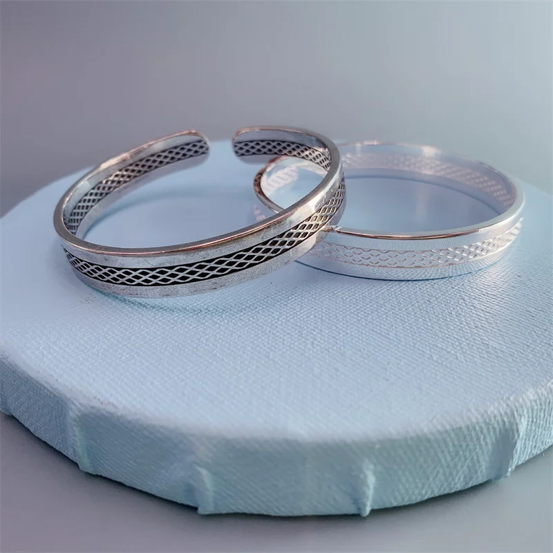 

999 Sterling Silver New Women's Fashion Jewelry High Quality Taiyin Retro Men's Lovers Cuffs Simple Opening Bracelet Adjustable