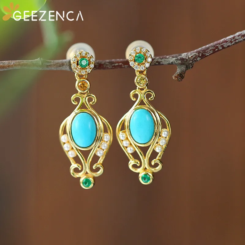 

GEEZENCA Turquoise Pearl S925 Silver Gold Plated Drop Earrings For Women Vintage Luxury Gemstone Dangle Earring 2021 New Gift