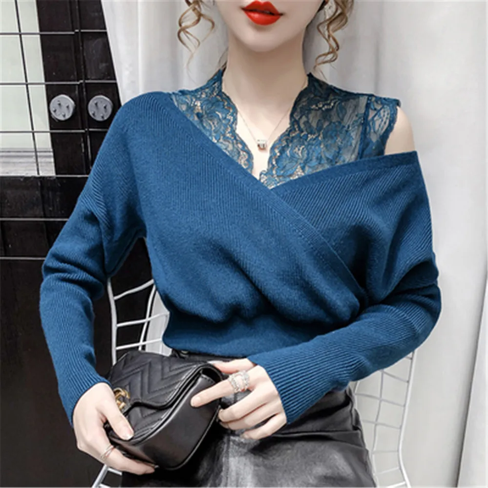 

Women's Patchwork Lace V-neck Full Sleeve Sweater Pullover For Female Winter Sweaters Pullovers Crop Tops