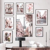 nordic pink landscape painting paris street cherry blossoms wall art canvas posters and prints wall pictures living room decor