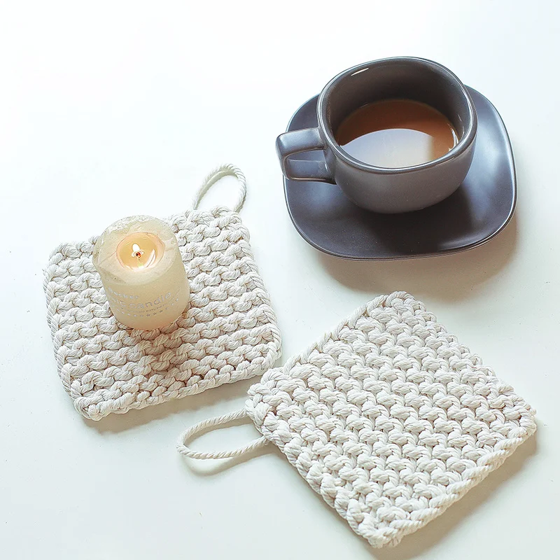 Square Handmade Drink Coaster Cotton Braid Macrame Cup Pad Placemat Coffee Beer Mat for Office Home Kitchen Mugs and Cups | Дом и сад