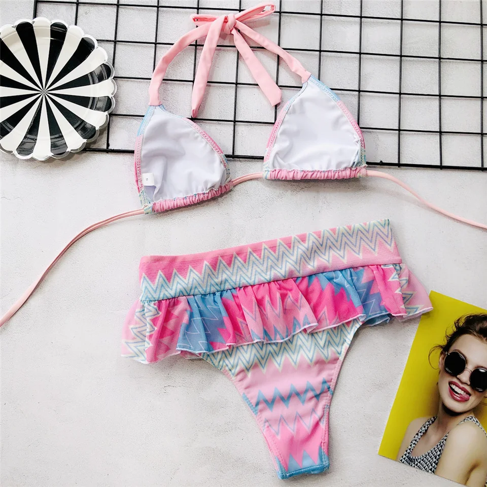 

Ladies Summer Split Swimsuit Color Striped Ruffle Bikini Set Female Two Pieces Beachwear Backless Swimming Bikini With Strap