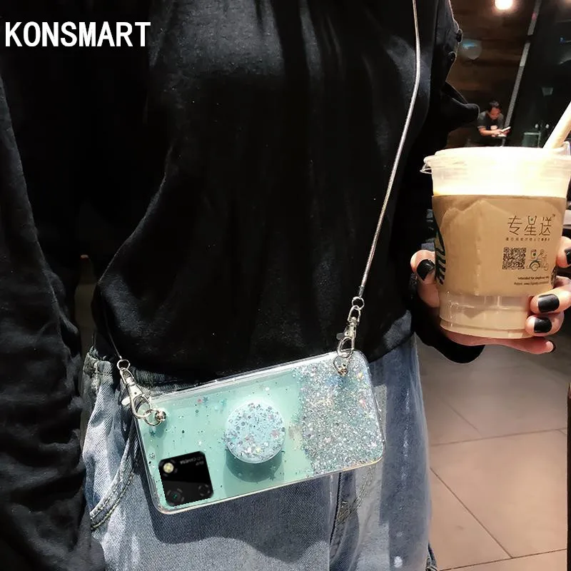 

KONSMART For Huawei Y5P 2020 Case Clear Fashion Lanyard Silicone Soft Phone Case Y5P 5.45" Glitter Star Stand Back Cover Fundas
