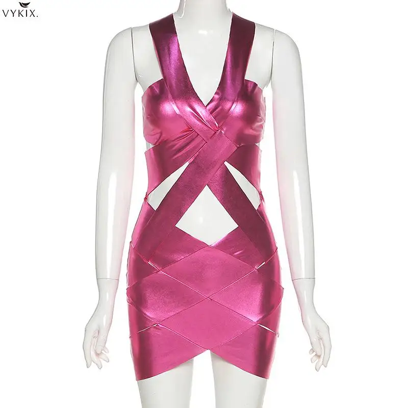 

Summer Shiny Patchwork Hollow Out Cross Bodycon Mini Dress V Neck Sexy Party Clubwear 2021 Woman Clothes Ladies Dresses Festival