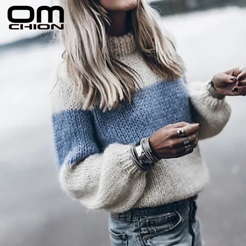 Женский трикотажный свитер OMCHION Свободный Полосатый пуловер с высоким воротом