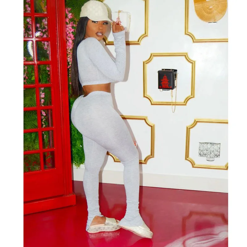 

ZKYZWX Sexy Knit 2 Piece Set Women Fall Tracksuit Ont Shoulder Crop Top Split Pant Sweat Suit Club Outfits Two Pcs Matching Sets