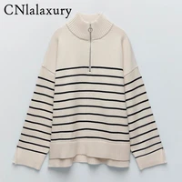 cnlalaxury za sweaters women 2021 fashion stripe loose jumper zipper knitting sweaters vintage long sleeve female pullover tops