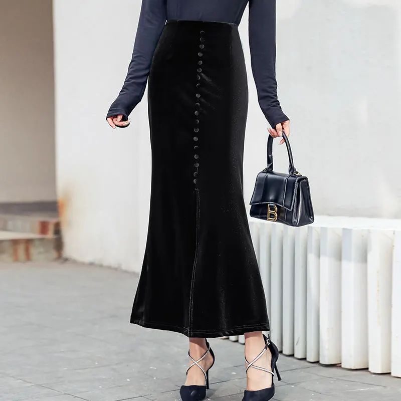 

Women's High Waist Pleated Shiny Velvet Plus Size Skirt elegant slim fit female skirts wholesale A221