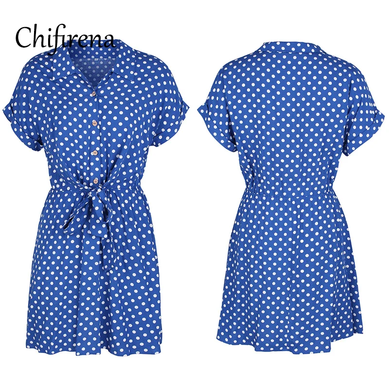 

Chifirena Summer Short-Sleeve Mini Women's Dress 2021 Polka Dot A-line Shirt Dresses Beach Boho Elegant Tunic Sundress Ladies