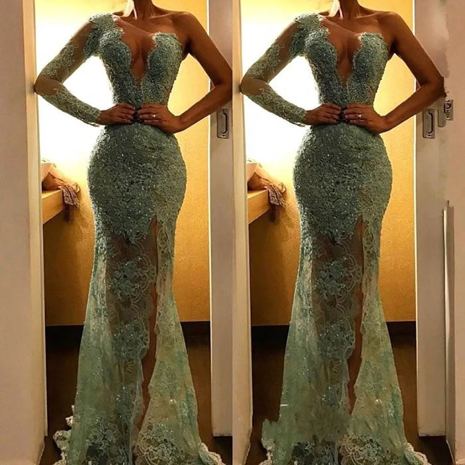 

Long Sleeve Formal Dresses Thigh-High Slits Prom Party Gown Applique Evening Dress Trumpet Mermaid One-Shoulder Floor-Length