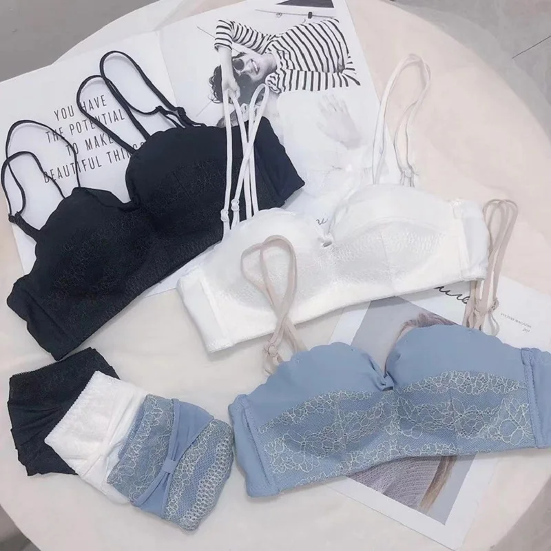 

White lace underwear women's small breasts gather push up lingerie no steel ring bra set summer thin breathable bralette