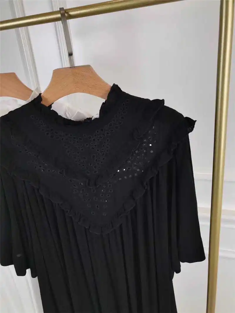 

black white Ruffled hollow stand-up collar cotton yarn pleated dress French retro court crepe dress