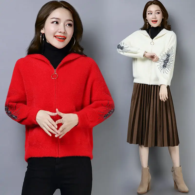 

Thickened] good quality mink like sweater women's cardigan coat short loose and thin Hooded Coat