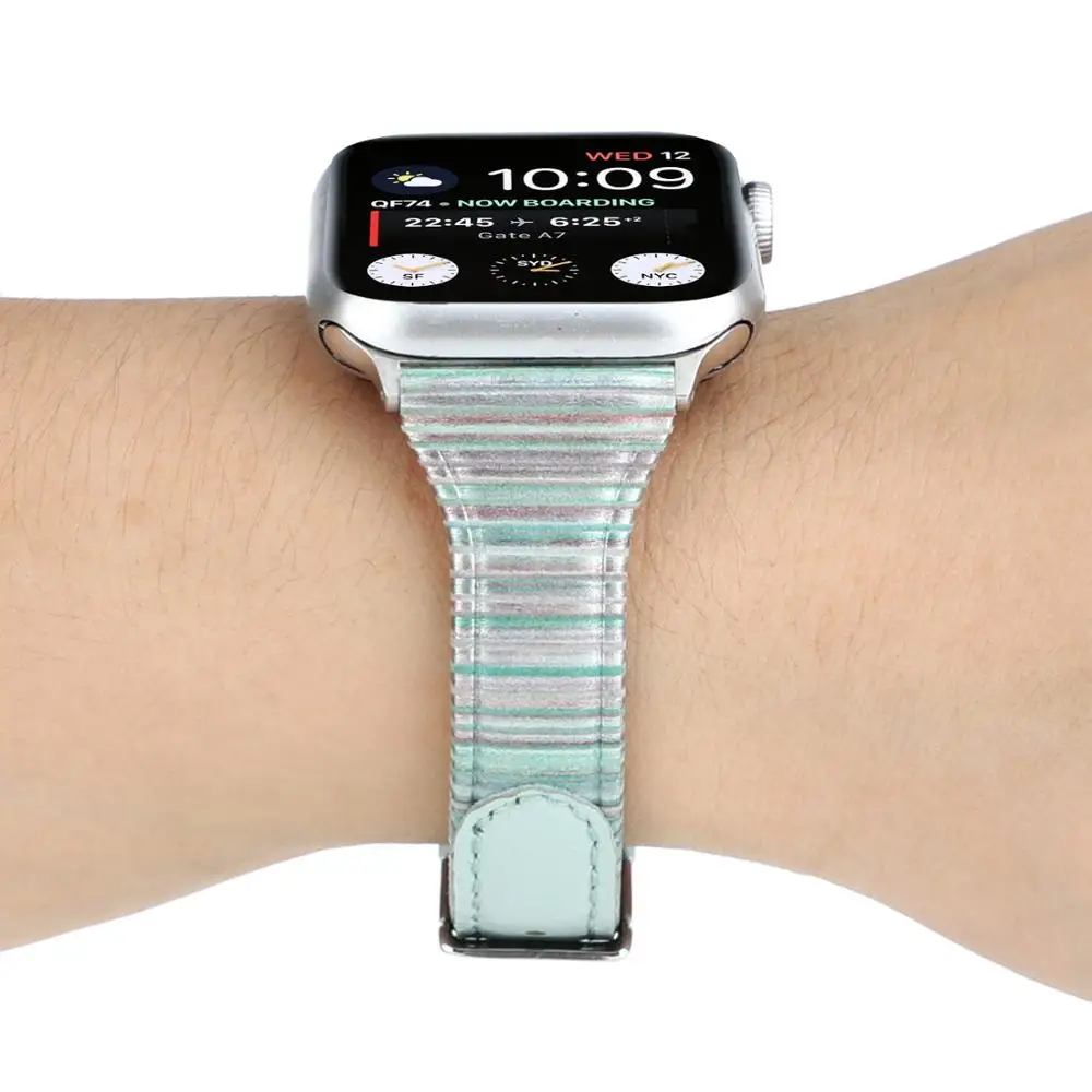 T стиль полосатая повязка для Apple Watch 38 мм 42 40 44 кожаный ремешок браслет iWatch Группа