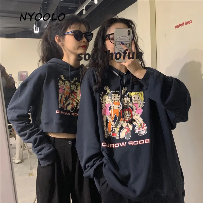 NYOOLO Harajuku мультфильм девушки печати толстовка осень уличная одежда с длинным рукавом пуловер с капюшоном свитер женская одежда верхняя одежда