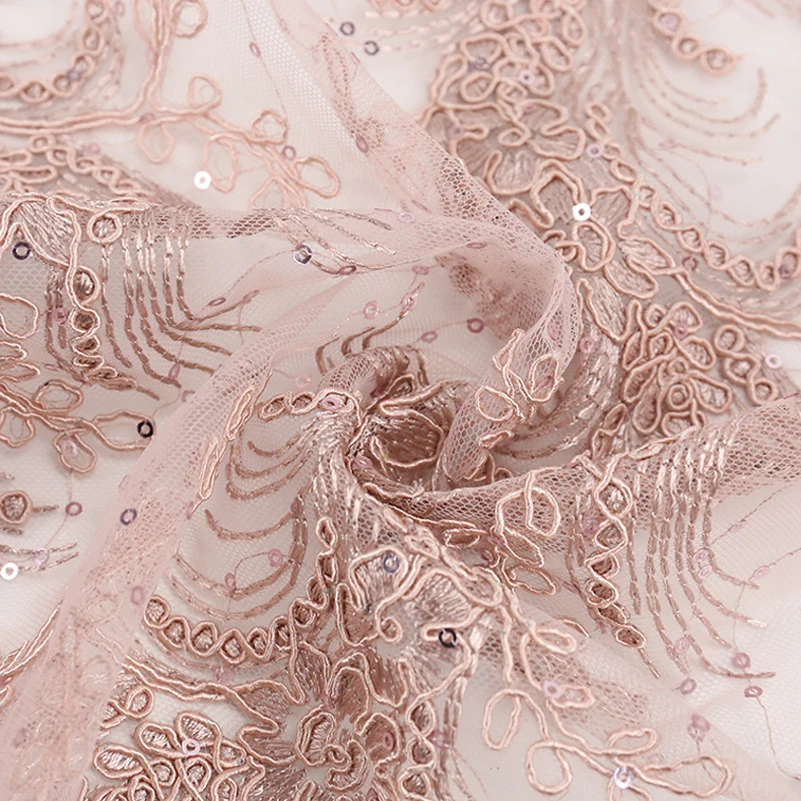 

Polyester Champagne Pearl Piece Sequin Embroidery Lace Quilting Fabric for Cheongsam Dress