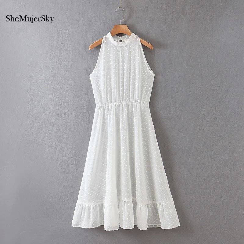 

SheMujerSky Women White Chiffon Dress 2020 Summer Sleeveless O-neck Midi Dresses Spliced A-line Dress