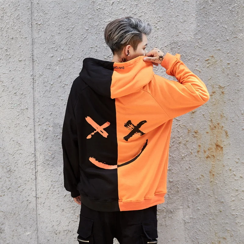 Spring Autumn Male Graffiti Smiling Face Black and White Patchwork Hoodie Men Women Hip-hop Loose Couple Coat Tide | Мужская одежда
