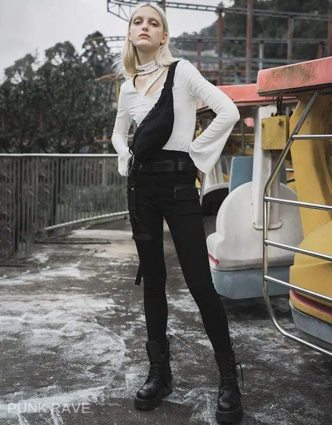 Панк рейв женские готические с высокой талией ремни узкие джинсы PK-321 | Женская