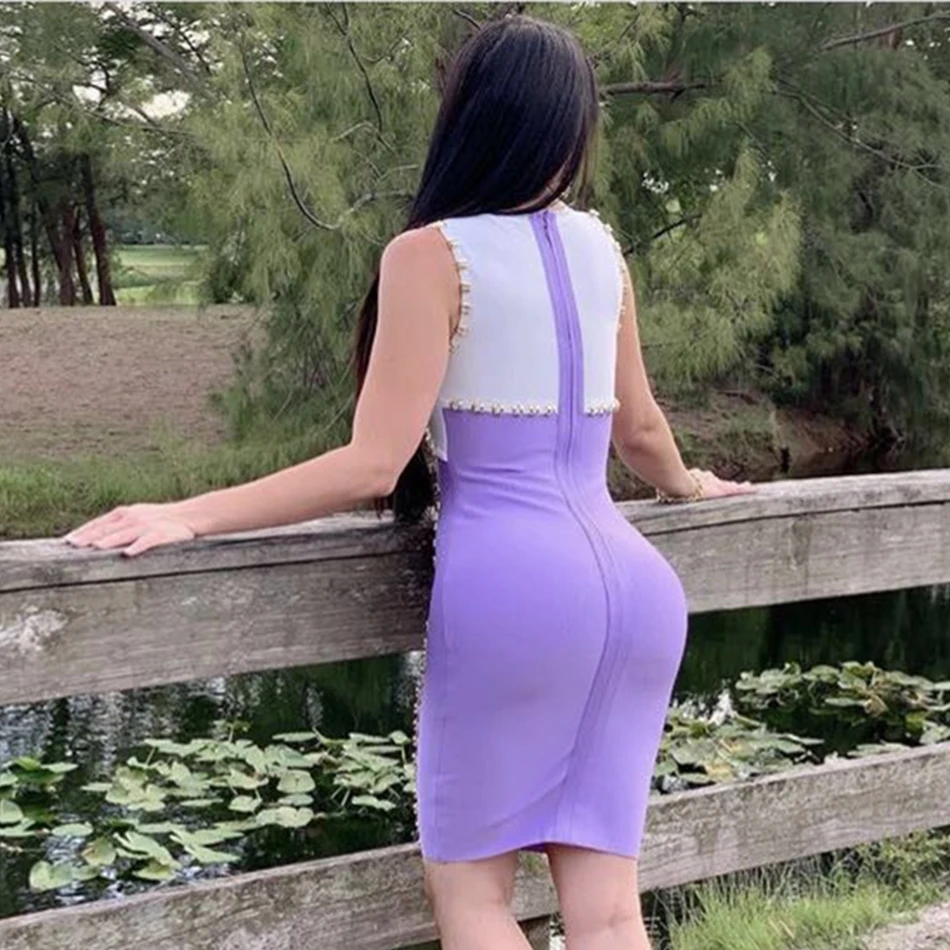 Summer new 2021 hot elegant beaded decoration sexy red stitching tight bandage dress women's celebrity party | Женская одежда