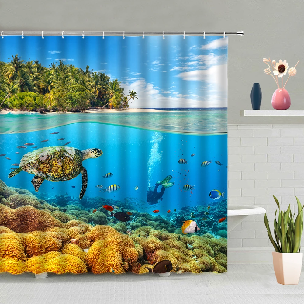Marine Animals Turtles Tropical Fish Shower Curtains Dolphins Penguins Corals Palm Trees Summer Scenery Washable With Hook Suit