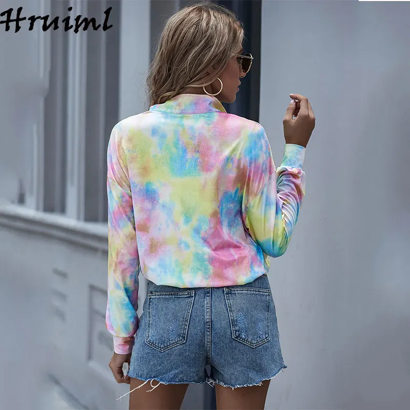 

Sweatshirt Long Sleeve Zipper Tie-Dye Tracksuit Casual Elegant Loose Women Pullover Lacing Up Streetwear Outwear Sweat Femme