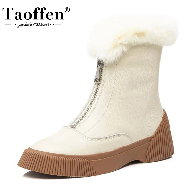 

Taoffen Real Leather Women Ankle Boots Plush Fur Front Zipper Flats Shoes Warm Winter Boots Women Daily Footwear Size 34-39