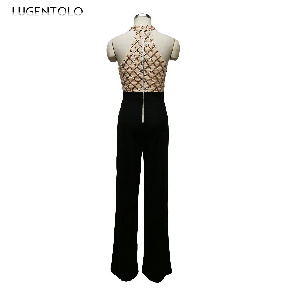 

Lugentolo Women Sexy Jumpsuit Halter Sleeveless Sequin Stitching Boot Cut Female Eleagnt Long Jumpsuits Trousers