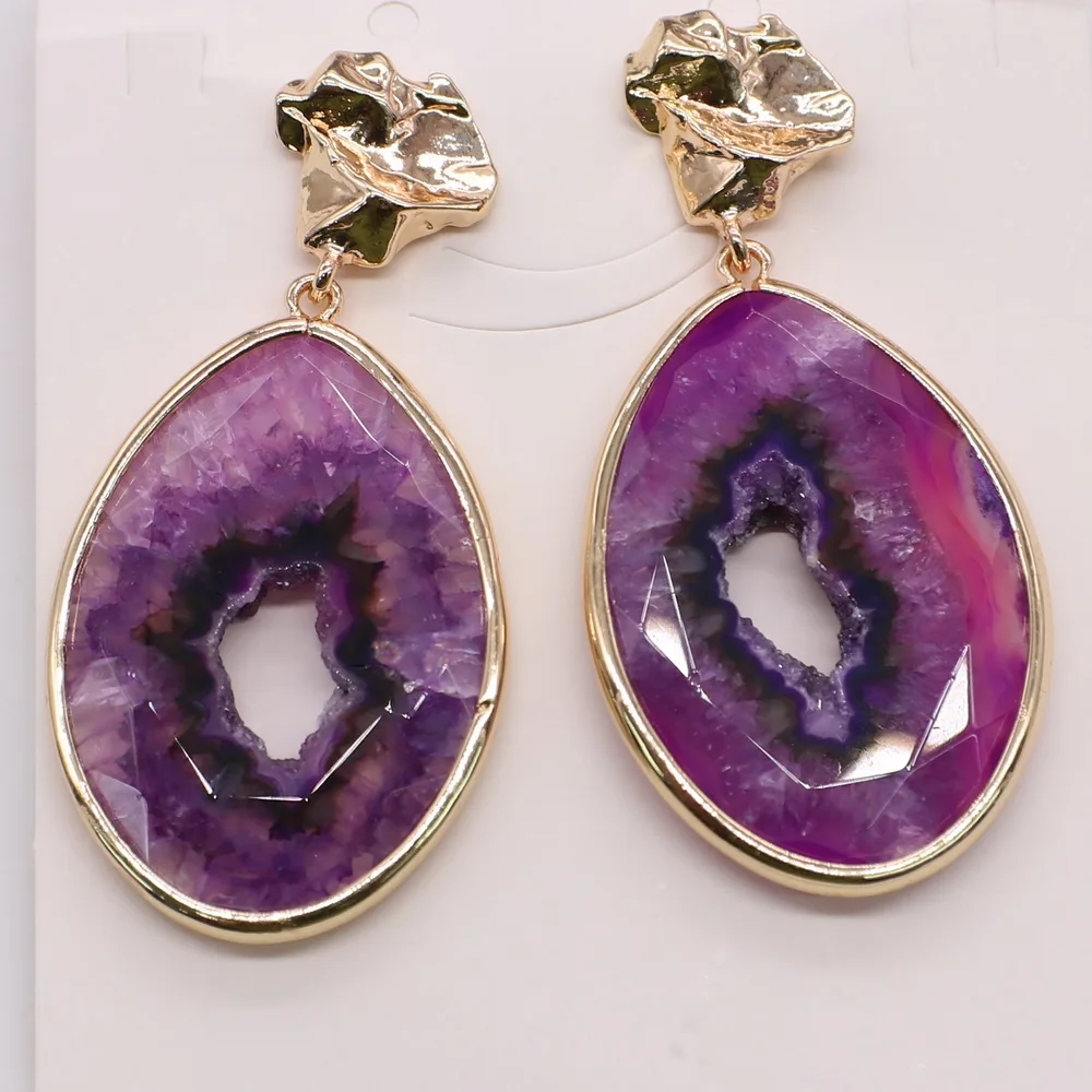 Новые модные овальные граненые серьги-гвоздики из друзы с латунным покрытием для