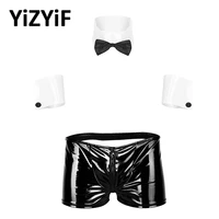 men roleplay costume outfit mens sexy lingerie set low rise zipper open butt boxer underwear with collar and cuffs sets clubwear