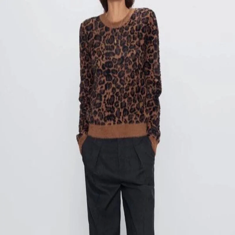 za 2019 new fashion women casual tops cotton winter long sleeves with 0-collar pullover Leopard print sweaters | Женская одежда
