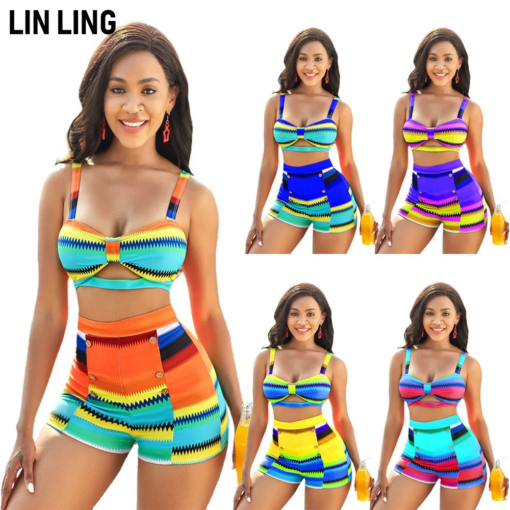 

LINLING Women's Bikini Swimsuits Sets 2 Piece Swimsuit Halter Top Stitching Printing Bathing Suit Sporty Bathing Swimsuits