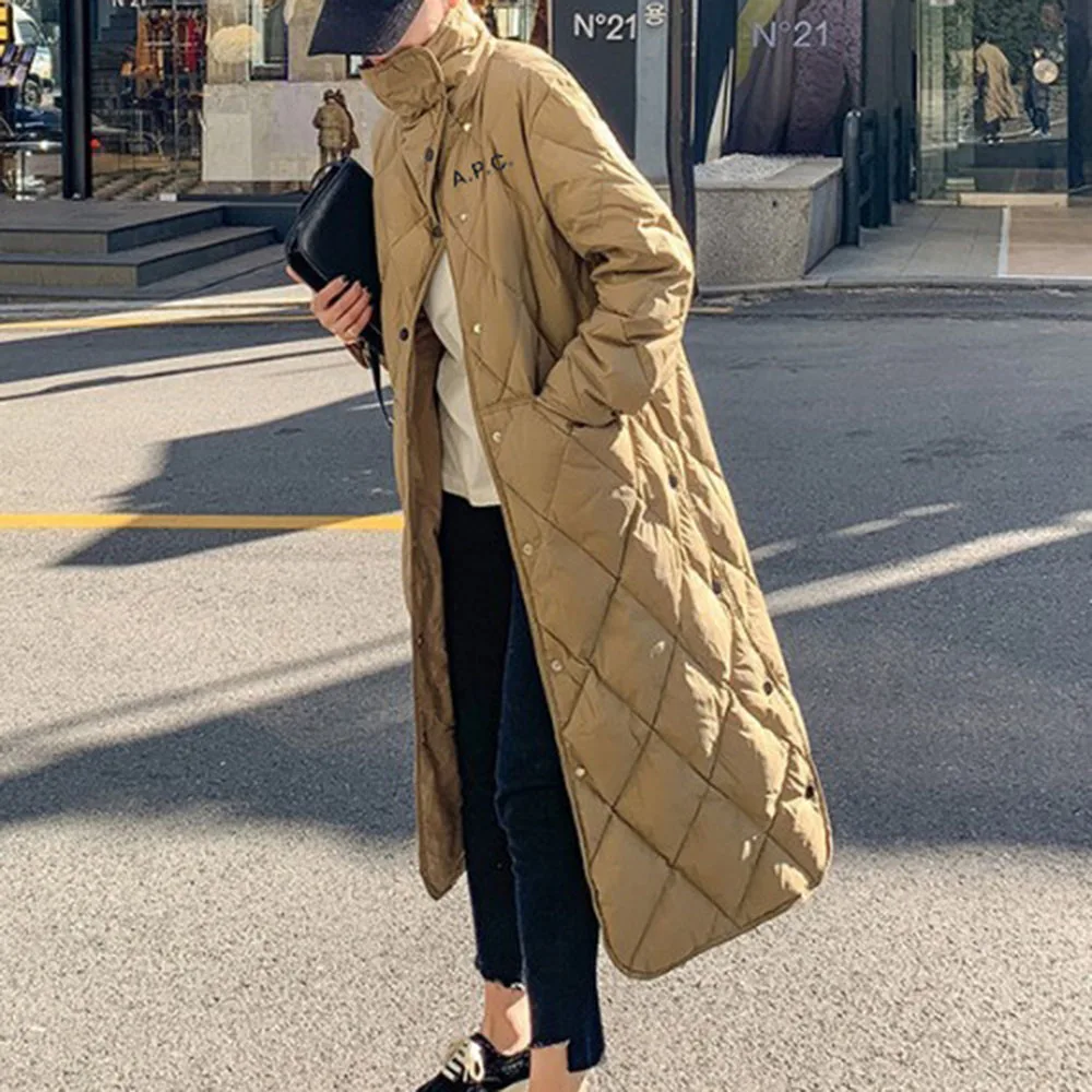 

2021 Winter New Korean Fashion Pocket Loose Long Women's Cotton Padded Jacket Casual Stand-up Collar Oversize Parka Chic Jacket